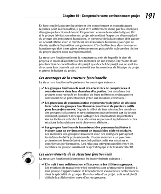 Chapitre 10 : Comprendre votre environnement projet 191
En fonction de la nature du projet et des compétences et connaissances
requises pour sa réalisation, il peut être entièrement mené par les employés
d’un groupe fonctionnel donné. Cependant, comme le montre la figure 10-1,
si le groupe fabrication mène un projet nécessitant l’expertise d’un employé
du groupe des ressources humaines, le directeur de la fabrication doit passer
un accord officiel avec le directeur des ressources humaines pour que ce
dernier mette à disposition une personne. C’est le directeur des ressources
humaines qui doit alors gérer cette personne, puisqu’elle exécute des tâches
du projet placées sous sa responsabilité.
La structure fonctionnelle est la structure au sein de laquelle le chef de
projet a le moins d’autorité sur les membres de son équipe. En réalité, il fait
plus fonction de coordinateur de projet que de chef de projet car ce sont les
directeurs fonctionnels qui ont autorité sur les membres de l’équipe de projet
et gèrent le budget du projet.
Les avantages de la structure fonctionnelle
La structure fonctionnelle présente les avantages suivants :
✓
✓ Les groupes fonctionnels sont des réservoirs de compétences et
connaissances dans leur domaine d’expertise. Les membres des
groupes sont recrutés en fonction de leurs références techniques et
continuent de se perfectionner grâce aux missions effectuées;
✓
✓ Les processus de communication et procédures de prise de décision
bien rodés des groupes fonctionnels constituent de précieux outils
pour les projets menés. Depuis le début de leur mission, les membres
des groupes collaborent et se soutiennent mutuellement car ils savent
comment, quand et avec qui partager des informations importantes
sur les tâches à exécuter. Les décisions se prennent rapidement car les
relations hiérarchiques sont clairement définies;
✓
✓ Les groupes fonctionnels fournissent des personnes habituées à
évoluer dans un environnement de travail bien ciblé et solidaire.
Les membres des groupes travaillent avec des collègues partageant
les mêmes intérêts professionnels. Chaque membre a un parcours
professionnel bien défini et un chef qui lui confie ses missions et
contrôle ses performances. Les relations interpersonnelles entre les
membres du groupe favorisent l’esprit d’équipe et le travail collectif.
Les inconvénients de la structure fonctionnelle
La structure fonctionnelle présente les inconvénients suivants :
✓
✓ Elle nuit à une collaboration efficace entre les différents groupes.
Les relations de travail entre les membres sont pratiquement limitées à
leur groupe d’appartenance et l’encadrement évalue leurs performances
dans la spécialité du groupe. Dans le cadre d’un projet, cela rend plutôt
difficile la collaboration avec d’autres groupes;
 