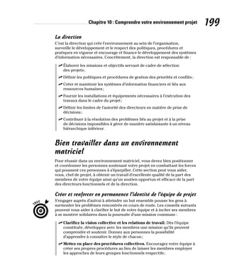 Chapitre 10 : Comprendre votre environnement projet 199
La direction
C’est la direction qui crée l’environnement au sein de l’organisation,
surveille le développement et le respect des politiques, procédures et
pratiques en vigueur et encourage et finance le développement des systèmes
d’information nécessaires. Concrètement, la direction est responsable de :
✓
✓ Élaborer les missions et objectifs servant de cadre de sélection
des projets;
✓
✓ Définir les politiques et procédures de gestion des priorités et conflits;
✓
✓ Créer et maintenir les systèmes d’information financiers et liés aux
ressources humaines;
✓
✓ Fournir les installations et équipements nécessaires à l’exécution des
travaux dans le cadre du projet;
✓
✓ Définir les limites de l’autorité des directeurs en matière de prise de
décisions;
✓
✓ Contribuer à la résolution des problèmes liés au projet et à la prise
de décisions impossibles à gérer de manière satisfaisante à un niveau
hiérarchique inférieur.
Bien travailler dans un environnement
matriciel
Pour réussir dans un environnement matriciel, vous devez bien positionner
et coordonner les personnes soutenant votre projet en combattant les forces
qui poussent ces personnes à s’éparpiller. Cette section peut vous aider,
vous, chef de projet, à obtenir un travail d’excellente qualité de la part des
membres de votre équipe ainsi qu’un soutien opportun et efficace de la part
des directeurs fonctionnels et de la direction.
Créer et renforcer en permanence l’identité de l’équipe de projet
S’engager auprès d’autrui à atteindre un but ensemble pousse les gens à
surmonter les problèmes rencontrés en cours de route. Les conseils suivants
peuvent vous aider à clarifier le but de votre équipe et à inciter ses membres
à se montrer solidaires dans la poursuite d’une mission commune :
✓
✓ Clarifiez la vision collective et les relations de travail. Dès l’équipe
constituée, développez avec les membres une mission qu’ils peuvent
comprendre et soutenir. Donnez aux personnes la possibilité
d’apprendre à connaître le style de chacun;
✓
✓ Mettez en place des procédures collectives. Encouragez votre équipe à
créer ses propres procédures au lieu de laisser les membres employer
les approches de leurs groupes fonctionnels respectifs;
 