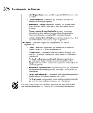 204 Deuxième partie : de démarrage
• Chef de projet : personne ayant la responsabilité de mener à bien
le projet;
• Utilisateurs finaux : personnes qui utiliseront les biens ou
services produits par le projet;
• Membres de l’équipe : personnes affectées à la réalisation du
projet, dont les travaux sont placés sous la direction du chef
de projet;
• Groupes habituellement impliqués : groupes intervenant
généralement dans la plupart des projets de l’organisation
(ressources humaines, comptabilité, service juridique);
• Groupes ponctuellement impliqués : groupes ou personnes dont
les connaissances sont liées au projet en question.
✓
✓ Externes : personnes ou groupes n’appartenant pas à votre
organisation :
• Clients : personnes ou groupes qui achètent ou utilisent les
produits ou services de votre organisation;
• Collaborateurs : groupes ou organisations avec lesquels vous
pourriez être amené à former une coentreprise en relation avec
votre projet;
• Prestataires, fournisseurs et sous-traitants : organisations
qui fournissent du personnel, des matières premières, des
équipements ou d’autres ressources nécessaires à l’exécution des
travaux du projet;
• Autorités de réglementation : organismes publics qui établissent
les règles et directives s’appliquant à un aspect des activités de
votre projet;
• Entités professionnelles : groupes ou professionnels susceptibles
d’influencer ou d’être intéressés par votre projet;
• Partie prenante : communauté locale, nationale et internationale
qui peut être concernée ou intéressée par votre projet.
Continuez de subdiviser ces catégories jusqu’à ce que vous arriviez à la
description des fonctions et à l’identité des personnes qui les occupent.
 