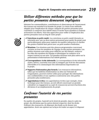 Chapitre 10 : Comprendre votre environnement projet 219
Utiliser différentes méthodes pour que les
parties prenantes demeurent impliquées
Informer les commanditaires, contributeurs et observateurs de l’avancement
des travaux est essentiel à la réussite du projet. Le choix d’une méthode
adaptée pour l’implication de chaque catégorie de parties prenantes peut
contribuer à conserver leur intérêt intact et inciter leurs membres à soutenir
activement vos efforts. Voici des approches pour veiller à l’implication des
parties prenantes tout au long de votre projet :
✓
✓ Entretiens en petit comité. Les entretiens en petit comité (formels ou
informels avec une ou deux autres personnes) pour parler du projet sont
particulièrement utiles pour explorer de manière interactive et clarifier
des points d’intérêt bien précis avec un petit nombre d’individus;
✓
✓ Réunions. Ces réunions sont des séances programmées concernant
certains ou tous les membres de l’équipe ou des parties prenantes. Les
petites réunions sont utiles pour réfléchir sur des thèmes, renforcer
les rôles des membres de l’équipe et développer la confiance et le
respect mutuel en son sein. Les grandes réunions sont plus axées sur la
présentation d’informations d’un intérêt général;
✓
✓ Correspondance écrite informelle. La correspondance écrite informelle
(notes, lettres, courriels) vous aide à consigner par écrit les discussions
informelles et à communiquer des informations importantes sur
le projet;
✓
✓ Supports d’information plus formels. Les ressources informatives,
telles que les bulletins d’information ou sites sur l’intranet de
l’organisation, peuvent s’avérer utiles pour partager des informations
non confidentielles et non sujettes à controverse avec des parties
prenantes plus nombreuses;
✓
✓ Approbations écrites. Les approbations écrites (par exemple, choix
technique pour des travaux, accord officiel concernant un produit,
calendrier ou engagement au sujet de ressources) servent d’archives des
décisions et accomplissements du projet.
Confirmer l’autorité de vos parties
prenantes
En matière de projets, l’autorité est le droit de prendre, dans le cadre du
projet, des décisions que les autres doivent respecter, dont les droits
d’allouer des ressources, de dépenser des fonds ou de donner son
approbation. Avoir une opinion sur la façon de traiter un aspect et disposer
 