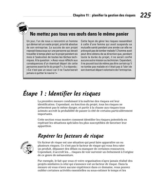 Chapitre 11 : planifier la gestion des risques 225
Ne mettez pas tous vos œufs dans le même panier
Un jour, l’un de nous a rencontré un homme
qui démarrait un vaste projet, priorité absolue
de son entreprise. Le succès de son projet
reposait beaucoup sur une personne qui devait
travailler à temps plein sur le projet pendant six
mois à l’exécution de toutes les tâches tech-
niques. À la question : «Avez-vous réfléchi aux
conséquences d’un éventuel départ de cette
personne avant la fin du projet?», il a répondu :
«Ce n’est pas un souci car il ne l’autoriserait
jamais à quitter le navire!»
Cette façon de gérer les risques ressemblait
à celle d’une femme qui avait suspendu sa
mutuelle santé pendant une année car elle ne
prévoyait pas de tomber malade! L’homme avait
peut-être obtenu de sa direction que, pendant
toute la durée du projet, il ne serait confié
aucune autre mission au technicien. Cependant,
il ne pouvait tout de même pas être certain qu’il
ne tombe pas malade et n’était pas à l’abri de
son éventuel départ volontaire de l’entreprise.
Étape 1 : Identifier les risques
La première mesure conduisant à la maîtrise des risques est leur
identification. Cependant, en fonction du projet, tous les risques ne
présentent pas le même danger, et partir à la chasse aux risques tous
azimuts accroît la probabilité de passer à côté de certains particulièrement
importants.
Cette section vous montre comment identifier les risques potentiels en
repérant les situations spéciales les plus susceptibles de favoriser leur
apparition.
Repérer les facteurs de risque
Un facteur de risque est une situation qui peut faire apparaître un ou
plusieurs risques. Ce n’est pas le facteur de risque qui vous fera rater
un produit, dépasser des délais ou manquer de certaines ressources.
Cependant, il accroît les… risques de voir survenir un événement à l’origine
de ce genre de mésaventure.
Par exemple, le fait que vous et votre organisation n’ayez jamais réalisé des
projets similaires à celui qui s’annonce est un facteur de risque. Dans la
mesure où vous n’avez aucune expérience dans ce domaine, vous pouvez
oublier certaines activités essentielles ou sous-estimer le temps et les
 