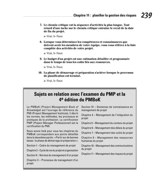 Chapitre 11 : planifier la gestion des risques 239
7. Le chemin critique est la séquence d’activités la plus longue. Tout
retard d’une tache sur le chemin critique entraîne le recul de la date
de fin du projet.
a- Vrai, b- Faux
8. Lorsque vous déterminez les compétences et connaissances que
doivent avoir les membres de votre équipe, vous vous référez à la liste
complète des activités de votre projet.
a- Vrai, b- Faux
9. Le budget d’un projet est une estimation détaillée et programmée
dans le temps de tous les coûts liés aux ressources.
a- Vrai, b- Faux
10. La phase de démarrage et préparation s’achève lorsque le processus
de planification est terminé.
a- Vrai, b- Faux
Sujets en relation avec l’examen du PMP et la
4e édition du PMBoK
Le PMBoK (Project Management Book of
Knowledge) est l’ouvrage de référence du
PMI (Project Management Institute), il décrit
les normes, les méthodes, les processus et
pratiques de la profession. La certification
PMP (Project Manager Professionnal) est la
certification du PMI.
Nous avons listé pour vous les chapitres du
PMBoK correspondant aux points détaillés
dans la deuxième partie : «Partir sur de bonnes
bases : la phase de démarrage et préparation».
Section I – Cadre du management de projet
Chapitre2–Cycledevieduprojetetorganisation
Section II – Normes du management d’un projet
Chapitre 3 – Processus de management d’un
projet
Section III – Domaines de connaissance en
management de projet
Chapitre 4 – Management de l’intégration du
projet
Chapitre 5 – Management du contenu du projet
Chapitre 6 – Management des délais du projet
Chapitre 7 – Management des coûts du projet
Chapitre 9 – Management des ressources
humaines du projet
Chapitre 10 – Management des communications
du projet
Chapitre 11 – Management des risques du projet
 