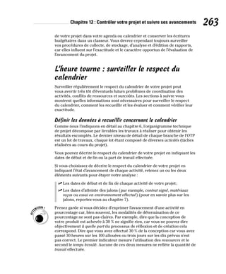 Chapitre 12 : Contrôler votre projet et suivre ses avancements 263
de votre projet dans votre agenda ou calendrier et conserver les écritures
budgétaires dans un classeur. Vous devrez cependant toujours surveiller
vos procédures de collecte, de stockage, d’analyse et d’édition de rapports,
car elles influent sur l’exactitude et le caractère opportun de l’évaluation de
l’avancement du projet.
L’heure tourne : surveiller le respect du
calendrier
Surveiller régulièrement le respect du calendrier de votre projet peut
vous avertir très tôt d’éventuels futurs problèmes de coordination des
activités, conflits de ressources et surcoûts. Les sections à suivre vous
montrent quelles informations sont nécessaires pour surveiller le respect
du calendrier, comment les recueillir et les évaluer et comment vérifier leur
exactitude.
Définir les données à recueillir concernant le calendrier
Comme nous l’indiquons en détail au chapitre 6, l’organigramme technique
de projet décompose par livrables les travaux à réaliser pour obtenir les
résultats escomptés. Le dernier niveau de détail de chaque branche de l’OTP
est un lot de travaux, chaque lot étant composé de diverses activités (tâches
réalisées au cours du projet).
Vous pouvez décrire le respect du calendrier de votre projet en indiquant les
dates de début et de fin ou la part de travail effectuée.
Si vous choisissez de décrire le respect du calendrier de votre projet en
indiquant l’état d’avancement de chaque activité, retenez un ou les deux
éléments suivants pour étayer votre analyse :
✓
✓ Les dates de début et de fin de chaque activité de votre projet;
✓
✓ Les dates d’atteinte des jalons (par exemple, contrat signé, matériaux
reçus ou essai en environnement effectué) (pour en savoir plus sur les
jalons, reportez-vous au chapitre 7).
Prenez garde si vous décidez d’exprimer l’avancement d’une activité en
pourcentage car, bien souvent, les modalités de détermination de ce
pourcentage ne sont pas claires. Par exemple, dire que la conception de
votre produit est achevée à 30 % ne signifie rien, car vous ne pouvez dire
objectivement à quelle part du processus de réflexion et de création cela
correspond. Dire que vous avez effectué 30 % de la conception car vous avez
passé 30 heures sur les 100 allouées ou trois jours sur les dix prévus n’est
pas correct. Le premier indicateur mesure l’utilisation des ressources et le
second le temps écoulé. Aucune de ces deux mesures ne reflète la quantité de
travail effectuée.
 