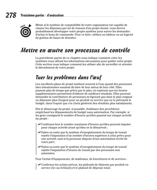 278 Troisième partie : d’exécution
Même si le système de comptabilité de votre organisation est capable de
classer les dépenses par lot de travaux d’un projet donné, vous devrez
probablement développer votre propre système pour suivre les demandes
d’achat et bons de commande. Pour ce faire, utilisez un tableur ou un logiciel
de gestion de bases de données.
Mettre en œuvre son processus de contrôle
La précédente partie de ce chapitre vous indique comment créer les
systèmes vous offrant les informations nécessaires pour guider votre projet.
Cette section vous indique comment les utiliser afin de surveiller et orienter
le déroulement de votre projet.
Tuer les problèmes dans l’œuf
Les excellents plans de projet tombent souvent à l’eau quand des personnes
bien intentionnées essaient de faire de leur mieux de leur côté. Elles
passent plus de temps que prévu par le plan, en espérant que les heures
supplémentaires permettent d’obtenir de meilleurs résultats. Elles peuvent
demander la contribution de personnes ne figurant pas dans le plan original
ou dépenser plus d’argent pour un produit ou service que ne le prévoyait le
budget, dans l’espoir que ces choix génèrent des résultats plus satisfaisants.
Dès le démarrage du projet, si possible, établissez des procédures
empêchant les dépassements de budget sans autorisation. Par exemple, si
les gens consignent le nombre d’heures qu’elles passent sur chaque activité
du projet :
✓
✓ Confirmez-leur le nombre maximum d’heures qu’elles peuvent imputer
pour chaque activité avant qu’elles ne la démarrent;
✓
✓ Faites en sorte que le système d’enregistrement du temps de travail
rejette l’imputation d’un nombre d’heures supérieur à celui prévu pour
une activité, sauf si la personne dispose d’une autorisation écrite de
votre part;
✓
✓ Faites en sorte que le système d’enregistrement du temps de travail
rejette l’imputation d’heures de travail par des personnes non
autorisées.
Pour l’achat d’équipements, de matériaux, de fournitures et de services :
✓
✓ Confirmez les achats prévus, les plafonds de dépense par produit ou
service (le cas échéant) et le plafond de dépense total;
 