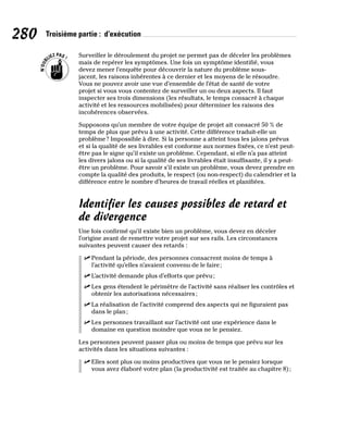 280 Troisième partie : d’exécution
Surveiller le déroulement du projet ne permet pas de déceler les problèmes
mais de repérer les symptômes. Une fois un symptôme identifié, vous
devez mener l’enquête pour découvrir la nature du problème sous-
jacent, les raisons inhérentes à ce dernier et les moyens de le résoudre.
Vous ne pouvez avoir une vue d’ensemble de l’état de santé de votre
projet si vous vous contentez de surveiller un ou deux aspects. Il faut
inspecter ses trois dimensions (les résultats, le temps consacré à chaque
activité et les ressources mobilisées) pour déterminer les raisons des
incohérences observées.
Supposons qu’un membre de votre équipe de projet ait consacré 50 % de
temps de plus que prévu à une activité. Cette différence traduit-elle un
problème? Impossible à dire. Si la personne a atteint tous les jalons prévus
et si la qualité de ses livrables est conforme aux normes fixées, ce n’est peut-
être pas le signe qu’il existe un problème. Cependant, si elle n’a pas atteint
les divers jalons ou si la qualité de ses livrables était insuffisante, il y a peut-
être un problème. Pour savoir s’il existe un problème, vous devez prendre en
compte la qualité des produits, le respect (ou non-respect) du calendrier et la
différence entre le nombre d’heures de travail réelles et planifiées.
Identifier les causes possibles de retard et
de divergence
Une fois confirmé qu’il existe bien un problème, vous devez en déceler
l’origine avant de remettre votre projet sur ses rails. Les circonstances
suivantes peuvent causer des retards :
✓
✓ Pendant la période, des personnes consacrent moins de temps à
l’activité qu’elles n’avaient convenu de le faire;
✓
✓ L’activité demande plus d’efforts que prévu;
✓
✓ Les gens étendent le périmètre de l’activité sans réaliser les contrôles et
obtenir les autorisations nécessaires;
✓
✓ La réalisation de l’activité comprend des aspects qui ne figuraient pas
dans le plan;
✓
✓ Les personnes travaillant sur l’activité ont une expérience dans le
domaine en question moindre que vous ne le pensiez.
Les personnes peuvent passer plus ou moins de temps que prévu sur les
activités dans les situations suivantes :
✓
✓ Elles sont plus ou moins productives que vous ne le pensiez lorsque
vous avez élaboré votre plan (la productivité est traitée au chapitre 8);
 