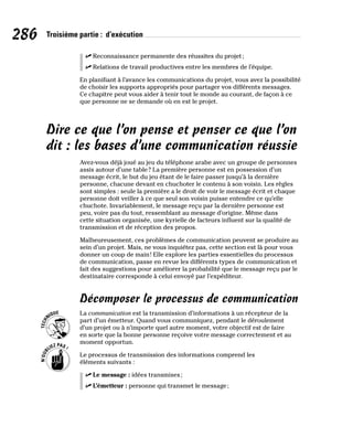 286 Troisième partie : d’exécution
✓
✓ Reconnaissance permanente des réussites du projet;
✓
✓ Relations de travail productives entre les membres de l’équipe.
En planifiant à l’avance les communications du projet, vous avez la possibilité
de choisir les supports appropriés pour partager vos différents messages.
Ce chapitre peut vous aider à tenir tout le monde au courant, de façon à ce
que personne ne se demande où en est le projet.
Dire ce que l’on pense et penser ce que l’on
dit : les bases d’une communication réussie
Avez-vous déjà joué au jeu du téléphone arabe avec un groupe de personnes
assis autour d’une table? La première personne est en possession d’un
message écrit, le but du jeu étant de le faire passer jusqu’à la dernière
personne, chacune devant en chuchoter le contenu à son voisin. Les règles
sont simples : seule la première a le droit de voir le message écrit et chaque
personne doit veiller à ce que seul son voisin puisse entendre ce qu’elle
chuchote. Invariablement, le message reçu par la dernière personne est
peu, voire pas du tout, ressemblant au message d’origine. Même dans
cette situation organisée, une kyrielle de facteurs influent sur la qualité de
transmission et de réception des propos.
Malheureusement, ces problèmes de communication peuvent se produire au
sein d’un projet. Mais, ne vous inquiétez pas, cette section est là pour vous
donner un coup de main! Elle explore les parties essentielles du processus
de communication, passe en revue les différents types de communication et
fait des suggestions pour améliorer la probabilité que le message reçu par le
destinataire corresponde à celui envoyé par l’expéditeur.
Décomposer le processus de communication
La communication est la transmission d’informations à un récepteur de la
part d’un émetteur. Quand vous communiquez, pendant le déroulement
d’un projet ou à n’importe quel autre moment, votre objectif est de faire
en sorte que la bonne personne reçoive votre message correctement et au
moment opportun.
Le processus de transmission des informations comprend les
éléments suivants :
✓
✓ Le message : idées transmises;
✓
✓ L’émetteur : personne qui transmet le message;
 