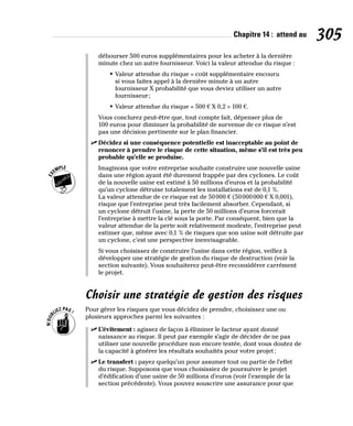 Chapitre 14 : attend au 305
débourser 500 euros supplémentaires pour les acheter à la dernière
minute chez un autre fournisseur. Voici la valeur attendue du risque :
• Valeur attendue du risque = coût supplémentaire encouru
si vous faites appel à la dernière minute à un autre
fournisseur X probabilité que vous deviez utiliser un autre
fournisseur;
• Valeur attendue du risque = 500 € X 0,2 = 100 €.
Vous conclurez peut-être que, tout compte fait, dépenser plus de
100 euros pour diminuer la probabilité de survenue de ce risque n’est
pas une décision pertinente sur le plan financier.
✓
✓ Décidez si une conséquence potentielle est inacceptable au point de
renoncer à prendre le risque de cette situation, même s’il est très peu
probable qu’elle se produise.
Imaginons que votre entreprise souhaite construire une nouvelle usine
dans une région ayant été durement frappée par des cyclones. Le coût
de la nouvelle usine est estimé à 50 millions d’euros et la probabilité
qu’un cyclone détruise totalement les installations est de 0,1 %.
La valeur attendue de ce risque est de 50000 € (50000000 € X 0,001),
risque que l’entreprise peut très facilement absorber. Cependant, si
un cyclone détruit l’usine, la perte de 50 millions d’euros forcerait
l’entreprise à mettre la clé sous la porte. Par conséquent, bien que la
valeur attendue de la perte soit relativement modeste, l’entreprise peut
estimer que, même avec 0,1 % de risques que son usine soit détruite par
un cyclone, c’est une perspective inenvisageable.
Si vous choisissez de construire l’usine dans cette région, veillez à
développer une stratégie de gestion du risque de destruction (voir la
section suivante). Vous souhaiterez peut-être reconsidérer carrément
le projet.
Choisir une stratégie de gestion des risques
Pour gérer les risques que vous décidez de prendre, choisissez une ou
plusieurs approches parmi les suivantes :
✓
✓ L’évitement : agissez de façon à éliminer le facteur ayant donné
naissance au risque. Il peut par exemple s’agir de décider de ne pas
utiliser une nouvelle procédure non encore testée, dont vous doutez de
la capacité à générer les résultats souhaités pour votre projet;
✓
✓ Le transfert : payez quelqu’un pour assumer tout ou partie de l’effet
du risque. Supposons que vous choisissiez de poursuivre le projet
d’édification d’une usine de 50 millions d’euros (voir l’exemple de la
section précédente). Vous pouvez souscrire une assurance pour que
 