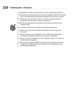 310 Troisième partie : d’exécution
✓
✓ Volonté de modifier un projet sans contrôle et approbation officiels;
✓
✓ Permettre aux personnes qui ne sont pas chargées d’exécuter les tâches
liées aux modifications de prendre la décision de leur mise en œuvre;
✓
✓ Sentir que vous devez dire «Non» à un client; Accepter toutes les
demandes d’un client par crainte de le décevoir;
✓
✓ Fierté personnelle qui vous pousse à croire que vous pouvez faire
n’importe quoi.
Pour contrôler les dérives des objectifs, procédez comme suit :
✓
✓ Dotez votre plan d’une description détaillée de tous les objectifs
du projet;
✓
✓ Évaluez toujours les conséquences des modifications demandées
touchant les produits, calendriers et ressources du projet;
✓
✓ Livrez vos vrais sentiments sur votre capacité à mettre en œuvre les
modifications demandées;
✓
✓ Nouez des relations honnêtes et franches avec vos clients afin qu’ils
soient plus réceptifs lorsque vous soulevez des problèmes liés aux
modifications sollicitées.
 