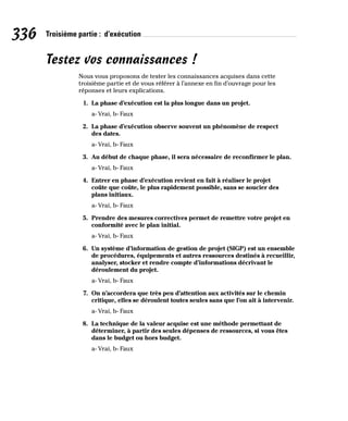 336 Troisième partie : d’exécution
Testez vos connaissances !
Nous vous proposons de tester les connaissances acquises dans cette
troisième partie et de vous référer à l’annexe en fin d’ouvrage pour les
réponses et leurs explications.
1. La phase d’exécution est la plus longue dans un projet.
a- Vrai, b- Faux
2. La phase d’exécution observe souvent un phénomène de respect
des dates.
a- Vrai, b- Faux
3. Au début de chaque phase, il sera nécessaire de reconfirmer le plan.
a- Vrai, b- Faux
4. Entrer en phase d’exécution revient en fait à réaliser le projet
coûte que coûte, le plus rapidement possible, sans se soucier des
plans initiaux.
a- Vrai, b- Faux
5. Prendre des mesures correctives permet de remettre votre projet en
conformité avec le plan initial.
a- Vrai, b- Faux
6. Un système d’information de gestion de projet (SIGP) est un ensemble
de procédures, équipements et autres ressources destinés à recueillir,
analyser, stocker et rendre compte d’informations décrivant le
déroulement du projet.
a- Vrai, b- Faux
7. On n’accordera que très peu d’attention aux activités sur le chemin
critique, elles se déroulent toutes seules sans que l’on ait à intervenir.
a- Vrai, b- Faux
8. La technique de la valeur acquise est une méthode permettant de
déterminer, à partir des seules dépenses de ressources, si vous êtes
dans le budget ou hors budget.
a- Vrai, b- Faux
 