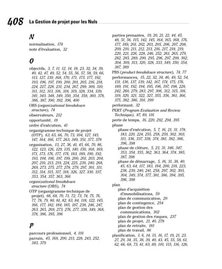 La Gestion de projet pour les Nuls
408
N
normalisation, 174
note d’évaluation, 32
O
objectifs, 3, 7, 11, 12, 14, 18, 23, 32, 34, 39,
40, 42, 47, 49, 52, 54, 55, 56, 57, 58, 59, 66,
113, 127, 139, 168, 170, 171, 173, 177, 192,
193, 196, 197, 199, 200, 201, 205, 216, 218,
224, 227, 228, 231, 234, 267, 299, 309, 310,
311, 312, 313, 316, 318, 319, 328, 334, 339,
341, 343, 348, 349, 350, 354, 358, 360, 378,
386, 387, 390, 392, 396, 400
OBS (organizational breakdown
structure), 74
observateurs, 212
opportunité, 18
ordre d’exécution, 41
organigramme technique de projet
(OTP), 63, 65, 66, 70, 73, 104, 127, 145,
147, 164, 166, 177, 263, 349, 351, 377, 378
organisation, 13, 27, 36, 41, 45, 66, 70, 86,
122, 123, 126, 129, 135, 140, 150, 168, 169,
171, 173, 176, 177, 178, 183, 189, 190, 192,
193, 194, 196, 197, 199, 200, 201, 203, 204,
207, 210, 213, 219, 224, 225, 239, 240, 268,
269, 273, 275, 277, 278, 279, 297, 301, 311,
312, 314, 315, 317, 318, 326, 327, 330, 337,
353, 354, 357, 363, 366
organizational breakdown
structure (OBS), 74
OTP (organigramme technique de
projet), 66, 68, 70, 71, 72, 73, 74, 75, 76,
77, 78, 79, 80, 81, 82, 83, 84, 118, 122, 145,
166, 177, 182, 184, 185, 187, 238, 246, 247,
263, 265, 269, 273, 276, 277, 338, 349, 368,
378, 386, 395, 396
P
parcours professionnel, 4, 191
parrain, 45, 168, 200, 213, 228, 243, 252,
343, 379
parties prenantes, 19, 20, 21, 22, 44, 45,
48, 51, 56, 115, 142, 145, 164, 165, 168, 176,
177, 189, 201, 202, 203, 205, 206, 207, 208,
209, 210, 211, 212, 213, 216, 217, 218, 219,
220, 221, 226, 228, 246, 252, 261, 265, 279,
282, 285, 289, 290, 295, 296, 297, 299, 302,
304, 309, 313, 320, 328, 333, 349, 350, 354,
387, 389
PBS (product breakdown structure), 74, 77
performances, 15, 22, 32, 34, 46, 49, 52, 54,
131, 136, 137, 139, 142, 167, 174, 175, 176,
189, 191, 192, 194, 195, 196, 197, 198, 228,
242, 260, 279, 283, 297, 306, 312, 315, 316,
319, 320, 321, 322, 327, 355, 356, 361, 366,
375, 382, 386, 391, 399
performant, 32
PERT (Program Evaluation and Review
Technique), 87, 89, 116
perte de temps, 16, 220, 292, 294, 395
phase
phase d’exécution, 5, 7, 16, 21, 31, 178,
183, 220, 224, 255, 258, 259, 302, 303,
311, 336, 337, 338, 374, 381, 382, 386,
396, 398
phase de clôture, 5, 23, 31, 346, 347,
353, 354, 355, 362, 363, 364, 374, 385,
387, 398
phase de démarrage, 5, 16, 31, 38, 40,
45, 63, 64, 117, 183, 184, 200, 218, 223,
238, 239, 240, 241, 258, 297, 302, 303,
304, 349, 374, 377, 381, 386, 394, 395,
396, 398
plan
plan d’acquisition
d’immobilisations, 59
plan de communication, 20
plan de contingence, 254
plan de gestion des
communications, 302
plan de gestion des risques, 237
plan de projet, 21, 40, 278
plan de retraite, 181
plan de travail, 86
planification, 1, 6, 14, 15, 16, 17, 19, 21, 23,
27, 29, 34, 35, 38, 39, 40, 43, 45, 55, 58, 61,
62, 66, 68, 73, 81, 83, 89, 110, 115, 116, 126,
 