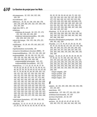 La Gestion de projet pour les Nuls
410
récompenses, 32, 313, 314, 315, 318,
320, 321
recrutement, 123
référence, 19, 36, 43, 136, 139, 168, 178,
224, 234, 239, 282, 291, 332, 337, 349, 359,
363, 397, 398
règle des 100 %, 65
relations
relations de travail, 34, 135, 171, 173,
191, 192, 199, 201, 216, 299
relations interpersonnelles, 191, 200,
292, 299, 322, 334, 335
relevé de temps, 154, 155, 156, 270, 271,
272, 273
rendement, 19, 26, 49, 179, 183, 283, 337,
354, 398
représentation vectorielle, 89
resources breakdown structure (RBS), 74
responsabilisation, 130, 131, 132, 138, 142
responsabilité, 29, 34, 130, 131, 132, 137,
138, 139, 141, 144, 146, 164, 191, 197, 198,
204, 229, 250, 252, 254, 328, 356
responsabilité principale, 143, 172
responsabilité secondaire, 143, 172
ressources, 1, 7, 11, 12, 13, 14, 16, 17, 18,
19, 20, 22, 24, 26, 27, 30, 31, 35, 38, 41, 43,
48, 49, 55, 56, 58, 59, 60, 61, 62, 64, 65, 68,
69, 71, 74, 84, 86, 87, 94, 99, 104, 105, 113,
114, 121, 122, 126, 127, 128, 129, 130, 149,
150, 151, 153, 158, 159, 161, 162, 163, 165,
166, 167, 168, 169, 171, 176, 177, 179, 180,
181, 182, 183, 184, 185, 186, 188, 190, 191,
192, 195, 196, 197, 198, 199, 201, 204, 208,
209, 212, 213, 215, 216, 219, 220, 223, 225,
226, 227, 230, 235, 239, 247, 249, 250, 251,
252, 254, 261, 262, 263, 276, 280, 283, 296,
297, 298, 309, 310, 315, 319, 321, 325, 326,
327, 329, 330, 334, 336, 337, 338, 341, 343,
349, 350, 351, 354, 356, 357, 358, 359, 365,
366, 367, 369, 373, 377, 378, 393, 394, 396,
397, 398
ressources humaines, 127, 158, 190, 191,
201, 205, 378
résultats, 11, 12, 13, 14, 15, 18, 19, 21, 22,
23, 29, 32, 39, 40, 41, 43, 45, 46, 47, 48, 49,
50, 52, 55, 58, 59, 60, 62, 69, 73, 122, 131,
132, 134, 136, 143, 144, 152, 167, 168, 170,
171, 172, 184, 192, 211, 212, 213, 215, 216,
227, 235, 238, 253, 260, 262, 263,268, 278,
279, 280, 283, 295, 296, 300, 305, 309, 313,
314, 316, 318, 320, 322, 323, 333, 348, 351,
353, 354, 357, 358, 360, 366, 367, 385, 390,
391, 392, 395, 397, 399
réunions, 11, 51, 64, 65, 69, 70, 114, 238,
292, 293, 294, 299, 300, 301, 309, 340, 341,
343, 348, 357, 358, 359, 360, 361, 362, 366,
367, 386, 399, 400
réunion d’évaluation postprojet, 358, 359,
360, 361, 362, 399
réussite, 2, 5, 11, 16, 20, 21, 29, 32, 34, 42,
45, 47, 53, 55, 68, 82, 111, 121, 127, 135, 140,
196, 197, 205, 213, 215, 219, 241, 244, 252,
253, 268, 316, 317, 319, 320, 327, 348, 353,
354, 360, 364, 366, 374, 383, 386, 389, 391,
394, 398
risque, 19, 20, 21, 24, 29, 30, 38, 44, 48, 54,
57, 59, 62, 72, 75, 104, 110, 145, 168, 171,
193, 197, 223, 224, 225, 226, 230, 231, 232,
233, 234, 235, 236, 237, 239, 245, 253, 254,
258, 259, 261, 262, 266, 267, 268, 290, 296,
298, 301, 303, 304, 305, 306, 307, 319, 334,
337, 338, 340, 341, 343, 368, 379, 381, 383,
390, 398
risque négatif, 224
risque positif, 224
risque précis, 231
risque vague, 231
S
salaire, 32, 181, 185, 188, 189, 193, 194, 198,
313, 315, 318
sanctions, 313
satisfaction, 137, 150, 177, 319, 353, 358
schémas fonctionnels, 85, 150
secteur d’activité, 24, 54, 197
séquence, 86
service, 18, 19, 40, 41, 45, 47, 48, 52, 55,
129, 165, 170, 171, 180, 181, 184, 185, 193,
 