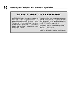 36 Première partie : Bienvenue dans le monde de la gestion de
L’examen du PMP et la 4e édition du PMBoK
Le PMBoK (Project Management Book of
Knowledge) est l’ouvrage de référence du
PMI (Project Management Institute), il décrit
les normes, les méthodes, les processus et
pratiques de la profession. La certification
PMP (Project Manager Professionnal) est la
certification du PMI.
Nous avons listé pour vous les chapitres du
PMBoK correspondant aux points détaillés
dans la première partie : «Bienvenue dans le
monde de la gestion de projet!» :
Section I – Cadre du management de projet
Chapitre 1 – Introduction
Chapitre2–Cycledevieduprojetetorganisation
 