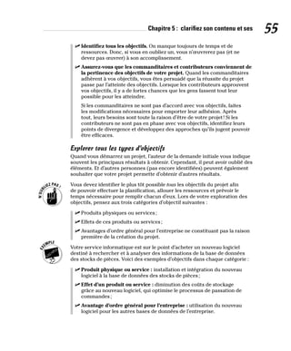 Chapitre 5 : clarifiez son contenu et ses 55
✓
✓ Identifiez tous les objectifs. On manque toujours de temps et de
ressources. Donc, si vous en oubliez un, vous n’œuvrerez pas (et ne
devez pas œuvrer) à son accomplissement.
✓
✓ Assurez-vous que les commanditaires et contributeurs conviennent de
la pertinence des objectifs de votre projet. Quand les commanditaires
adhèrent à vos objectifs, vous êtes persuadé que la réussite du projet
passe par l’atteinte des objectifs. Lorsque les contributeurs approuvent
vos objectifs, il y a de fortes chances que les gens fassent tout leur
possible pour les atteindre.
Si les commanditaires ne sont pas d’accord avec vos objectifs, faites
les modifications nécessaires pour emporter leur adhésion. Après
tout, leurs besoins sont toute la raison d’être de votre projet! Si les
contributeurs ne sont pas en phase avec vos objectifs, identifiez leurs
points de divergence et développez des approches qu’ils jugent pouvoir
être efficaces.
Explorer tous les types d’objectifs
Quand vous démarrez un projet, l’auteur de la demande initiale vous indique
souvent les principaux résultats à obtenir. Cependant, il peut avoir oublié des
éléments. Et d’autres personnes (pas encore identifiées) peuvent également
souhaiter que votre projet permette d’obtenir d’autres résultats.
Vous devez identifier le plus tôt possible tous les objectifs du projet afin
de pouvoir effectuer la planification, allouer les ressources et prévoir le
temps nécessaire pour remplir chacun d’eux. Lors de votre exploration des
objectifs, pensez aux trois catégories d’objectif suivantes :
✓
✓ Produits physiques ou services;
✓
✓ Effets de ces produits ou services;
✓
✓ Avantages d’ordre général pour l’entreprise ne constituant pas la raison
première de la création du projet.
Votre service informatique est sur le point d’acheter un nouveau logiciel
destiné à rechercher et à analyser des informations de la base de données
des stocks de pièces. Voici des exemples d’objectifs dans chaque catégorie :
✓
✓ Produit physique ou service : installation et intégration du nouveau
logiciel à la base de données des stocks de pièces;
✓
✓ Effet d’un produit ou service : diminution des coûts de stockage
grâce au nouveau logiciel, qui optimise le processus de passation de
commandes;
✓
✓ Avantage d’ordre général pour l’entreprise : utilisation du nouveau
logiciel pour les autres bases de données de l’entreprise.
 