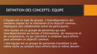 DEFINITION DES CONCEPTS: EQUIPE
L’équipe est un type de groupe. L’interdépendance des
membres repose sur la réalisation d’un objectif commun,
impliquant une collaboration entre les participants.
•Une équipe est un groupe de personnes qui sont
interdépendantes en termes d’informations, de ressources et
de compétences, et qui cherchent à combiner leurs efforts
pour atteindre un objectif commun.
• Une équipe est un groupe de personnes travaillant à une
même tâche ou unissant leurs efforts dans le même dessein .
 