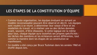 LES ÉTAPES DE LA CONSTITUTION D’ÉQUIPE
• Comme toute organisation, les équipes évoluent en suivant un
modèle reconnaissable pouvant être observé et décrit. Les équipes
sont vouées à se réunir, à déterminer leur raison d’être et les
modalités du travail, et à réaliser une ou des tâches données
avant, souvent, d’être dissoutes. Si cette logique est la même
pour tous, chaque équipe aura toutefois ses propres spécificités :
les tâches des membres et les échéances seront différentes, tout
comme la manière dont les étapes de sa constitution se
manifestent.
• Ce modèle a été conçu par Bruce Tuckman dans les années 1960 et
étoffé depuis lors.
 