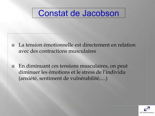 Constat de Jacobson


   La tension émotionnelle est directement en relation
    avec des contractions musculaires

   E...