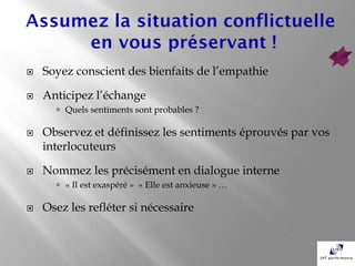    Soyez conscient des bienfaits de l’empathie

   Anticipez l’échange
       Quels sentiments sont probables ?

   Observez et définissez les sentiments éprouvés par vos
    interlocuteurs

   Nommez les précisément en dialogue interne
       « Il est exaspéré » « Elle est anxieuse » …

   Osez les refléter si nécessaire
 