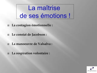 La maîtrise
         de ses émotions !
   La contagion émotionnelle :

   Le constat de Jacobson :

   La manoeuvre de Valsalva :

   La respiration volontaire :
 