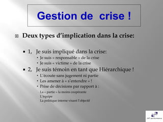 Gestion de crise !
   Deux types d’implication dans la crise:

       1, Je suis impliqué dans la crise:
            Je suis « responsable » de la crise
            Je suis « victime » de la crise
       2, Je suis témoin en tant que Hiérarchique !
            L’écoute sans jugement ni partie
            Les amener à « s’entendre » !
            Prise de décisions par rapport à :
             La « partie » la moins coopérante
             L’équipe
             La politique interne visant l’objectif
 