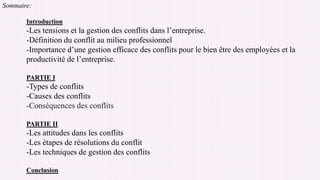 Sommaire:
Introduction
-Les tensions et la gestion des conflits dans l’entreprise.
-Définition du conflit au milieu professionnel
-Importance d’une gestion efficace des conflits pour le bien être des employées et la
productivité de l’entreprise.
PARTIE Ⅰ
-Types de conflits
-Causes des conflits
-Conséquences des conflits
PARTIE ⅠⅠ
-Les attitudes dans les conflits
-Les étapes de résolutions du conflit
-Les techniques de gestion des conflits
Conclusion
 