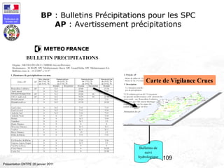 109
Préfecture de
la zone sud
Présentation ENTPE 28 janvier 2011
BP : Bulletins Précipitations pour les SPC
AP : Avertissement précipitations
Bulletins de
suivi
hydrologique
Carte de Vigilance Crues
 