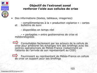 123
Préfecture de
la zone sud
Présentation ENTPE 28 janvier 2011
Objectif de l’extranet zonal
renforcer l’aide aux cellules de crise
• Des informations (textes, tableaux, imageries):
- complémentaires à la « production vigilance » : cartes
et bulletins de suivi
- disponibles en temps réel
- « partagées » entre gestionnaires de crise et
météorologistes
Consultables facilement par les acteurs de la cellule de
crise pour améliorer les échanges lors des briefings avec les
centres opérationnels de Météo-France (notamment en
l’attente de l’arrivée de son représentant au COD)
Fournissant au représentant de Météo-France en cellule
de crise un support pour ses briefings
 
