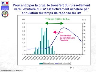 141
Préfecture de
la zone sud
Présentation ENTPE 28 janvier 2011
Pour anticiper la crue, le transfert du ruissellement
vers l’exutoire du BV est fictivement accéléré par
annulation du temps de réponse du BV
 