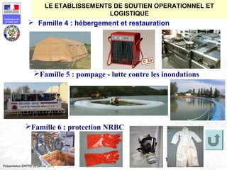 177
Préfecture de
la zone sud
Présentation ENTPE 28 janvier 2011
 Famille 4 : hébergement et restauration
Famille 5 : pompage - lutte contre les inondations
Famille 6 : protection NRBC
LE ETABLISSEMENTS DE SOUTIEN OPERATIONNEL ET
LOGISTIQUE
 