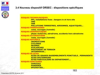183
Préfecture de
la zone sud
Présentation ENTPE 28 janvier 2011
RISQUES TECHNOLOGIQUES
PPI, installations fixes : dangers in et hors site
TMD
TMR
POLLUTIONS TERRESTRES, AERIENNES, AQUATIQUES...
RISQUES FERROVIAIRES
voies, ouvrages (tunnels)
RISQUES AERONAUTIQUES
phase recherche, aérodrome, accidents hors aérodrome
RISQUES AUTOROUTIERS
voies, ouvrages (tunnels)
RISQUES NATURELS
INONDATIONS
CYCLONES
SEISMES
AVALANCHES
MOUVEMENT DE TERRAIN
INTEMPERIES...
RISQUES DE SITES
SITES DE GRANDS RASSEMBLEMENTS PONCTUELS , PERMANENTS
SITES SOUTERRAINS
SITES PARTICULIERS DU DEPARTEMENT...
RISQUES SANITAIRES
CANICULE
PANDEMIE
EPIZOOTIES...
3.4 Nouveau dispositif ORSEC : dispositions spécifiques
 