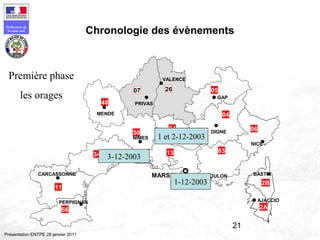 21
Préfecture de
la zone sud
Présentation ENTPE 28 janvier 2011
Chronologie des évènements
06
04
83
2607
34
66
11
MARSEILLE
2B
2A
13
05
84
30
48
PERPIGNAN
CARCASSONNE
MONTPELLIER
NIMES
MENDE
PRIVAS
VALENCE
GAP
DIGNE
NICE
TOULON
AVIGNON
BASTIA
AJACCIO
1-12-2003
1 et 2-12-2003
3-12-2003
Première phase
les orages
 