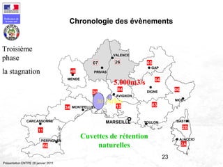 23
Préfecture de
la zone sud
Présentation ENTPE 28 janvier 2011
Chronologie des évènements
06
04
83
2607
34
66
11
MARSEILLE
2B
2A
13
05
84
30
48
PERPIGNAN
CARCASSONNE
MONTPELLIER
NIMES
MENDE
PRIVAS
VALENCE
GAP
DIGNE
NICE
TOULON
AVIGNON
BASTIA
AJACCIO
5.000m3/s
Arles30
Cuvettes de rétention
naturelles
Troisième
phase
la stagnation
 