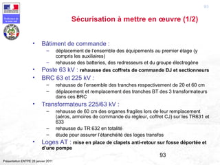 93
Préfecture de
la zone sud
Présentation ENTPE 28 janvier 2011
93
• Bâtiment de commande :
– déplacement de l’ensemble des équipements au premier étage (y
compris les auxiliaires)
– rehausse des batteries, des redresseurs et du groupe électrogène
• Poste 63 kV : rehausse des coffrets de commande DJ et sectionneurs
• BRC 63 et 225 kV :
– rehausse de l’ensemble des tranches respectivement de 20 et 60 cm
– déplacement et remplacement des tranches BT des 3 transformateurs
dans ces BRC
• Transformateurs 225/63 kV :
– rehausse de 60 cm des organes fragiles lors de leur remplacement
(aéros, armoires de commande du régleur, coffret CJ) sur les TR631 et
633
– rehausse du TR 632 en totalité
– étude pour assurer l’étanchéité des loges transfos
• Loges AT : mise en place de clapets anti-retour sur fosse déportée et
d’une pompe
Sécurisation à mettre en œuvre (1/2)
 