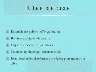 2. LE PUBLIC CIBLÉ



Ensemble des publics de l’organisation

Besoins et habitudes de chacun

Objectifs avec chacun des publics

Comment rejoindre qui, comment et où

Identiﬁcation des plateformes privilégiées pour atteindre la
cible
 