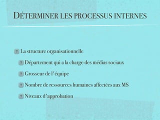 DÉTERMINER LES PROCESSUS INTERNES


 La structure organisationnelle

   Département qui a la charge des médias sociaux

   Grosseur de l'équipe

   Nombre de ressources humaines affectées aux MS

   Niveaux d'approbation
 