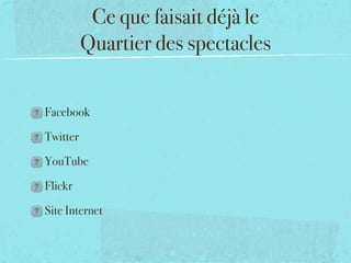 Ce que faisait déjà le  
          Quartier des spectacles


Facebook

Twitter

YouTube

Flickr

Site Internet
 