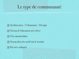 Le type de communauté


Architecture / Urbanisme / Design

Niveau d'éducation très élevé

Très montréalais

Noyau dur très actif sur le terrain

Pas très culturel
 