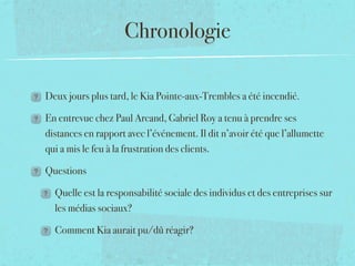 Chronologie

Deux jours plus tard, le Kia Pointe-aux-Trembles a été incendié.

En entrevue chez Paul Arcand, Gabriel Roy a tenu à prendre ses
distances en rapport avec l’événement. Il dit n’avoir été que l’allumette
qui a mis le feu à la frustration des clients.

Questions

  Quelle est la responsabilité sociale des individus et des entreprises sur
  les médias sociaux?

  Comment Kia aurait pu/dû réagir?
 