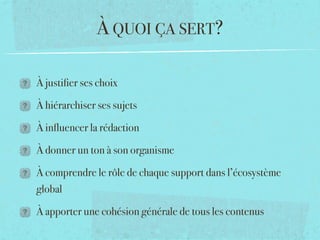 À QUOI ÇA SERT?

À justiﬁer ses choix

À hiérarchiser ses sujets

À inﬂuencer la rédaction

À donner un ton à son organisme

À comprendre le rôle de chaque support dans l’écosystème
global

À apporter une cohésion générale de tous les contenus
 