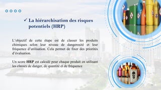  La hiérarchisation des risques
potentiels (HRP)
L’objectif de cette étape est de classer les produits
chimiques selon leur niveau de dangerosité et leur
fréquence d’utilisation. Cela permet de fixer des priorités
d’évaluation.
Un score HRP est calculé pour chaque produit en utilisant
les classes de danger, de quantité et de fréquence
15
 