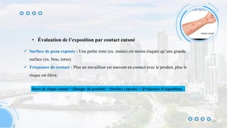 • Évaluation de l’exposition par contact cutané
 Surface de peau exposée : Une petite zone (ex. mains) est moins risquée qu’une grande
surface (ex. bras, torse).
 Fréquence de contact : Plus un travailleur est souvent en contact avec le produit, plus le
risque est élevé.
Score de risque cutané = (Danger du produit) × (Surface exposée) × (Fréquence d’exposition).
23
 