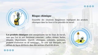 Risque chimique
Ensemble des situations dangereuses impliquant des produits
chimiques dans les lieux et les procédés de travail.
Les produits chimiques sont omniprésents sur les lieux de travail,
sans que l'on en soit forcément conscient : colles, résines, huiles,
diluants, dégraissants, réactifs chimiques, colorants, peintures,
produits d'entretien ou de nettoyage... Ils sont soit fabriqués, soit
utilisés de façon délibérée dans des secteurs d'activité divers
5
 