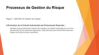 Processus de Gestion du Risque
Etape 2 : Identifier et évaluer les risques
2.Évaluation de la Criticité Individuelle des Événements Redoutés :
Identifier chaque événement redouté afin d'évaluer sa criticité individuelle en vue d'une
classification et d'un traitement appropriés. Cette démarche permet de hiérarchiser les
risques en fonction de leur importance.
 