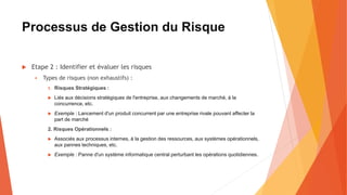 Processus de Gestion du Risque
 Etape 2 : Identifier et évaluer les risques
 Types de risques (non exhaustifs) :
1. Risques Stratégiques :
 Liés aux décisions stratégiques de l'entreprise, aux changements de marché, à la
concurrence, etc.
 Exemple : Lancement d'un produit concurrent par une entreprise rivale pouvant affecter la
part de marché
2. Risques Opérationnels :
 Associés aux processus internes, à la gestion des ressources, aux systèmes opérationnels,
aux pannes techniques, etc.
 Exemple : Panne d'un système informatique central perturbant les opérations quotidiennes.
 