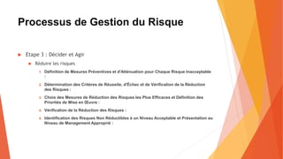 Processus de Gestion du Risque
 Etape 3 : Décider et Agir
 Réduire les risques
1. Définition de Mesures Préventives et d'Atténuation pour Chaque Risque Inacceptable
:
2. Détermination des Critères de Réussite, d'Échec et de Vérification de la Réduction
des Risques :
3. Choix des Mesures de Réduction des Risques les Plus Efficaces et Définition des
Priorités de Mise en Œuvre :
4. Vérification de la Réduction des Risques :
5. Identification des Risques Non Réductibles à un Niveau Acceptable et Présentation au
Niveau de Management Approprié :
 
