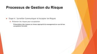 Processus de Gestion du Risque
 Etape 4 : Surveiller Communiquer et Accepter les Risques
 Présenter les risques pour acceptation
Présentation des risques au niveau approprié du management en vue de leur
acceptation formelle
 