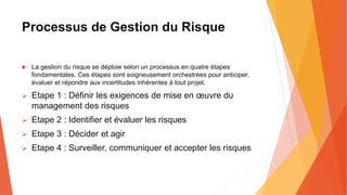 Processus de Gestion du Risque
 La gestion du risque se déploie selon un processus en quatre étapes
fondamentales. Ces étapes sont soigneusement orchestrées pour anticiper,
évaluer et répondre aux incertitudes inhérentes à tout projet.
 Etape 1 : Définir les exigences de mise en œuvre du
management des risques
 Etape 2 : Identifier et évaluer les risques
 Etape 3 : Décider et agir
 Etape 4 : Surveiller, communiquer et accepter les risques
 