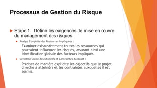 Processus de Gestion du Risque
 Etape 1 : Définir les exigences de mise en œuvre
du management des risques
 Analyse Complète des Ressources Impliquées :
Examiner exhaustivement toutes les ressources qui
pourraient influencer les risques, assurant ainsi une
identification globale des facteurs impliqués.
 Définition Claire des Objectifs et Contraintes du Projet :
Préciser de manière explicite les objectifs que le projet
cherche à atteindre et les contraintes auxquelles il est
soumis.
 