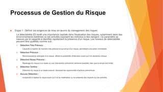 Processus de Gestion du Risque
 Etape 1 : Définir les exigences de mise en œuvre du management des risques
La détectabilité (D) revêt une importance capitale dans l'évaluation des risques, notamment dans des
environnements extrêmes où les activités exposent les individus à des dangers. Ce paramètre se
mesure par la capacité à identifier rapidement la présence d'un risque. Les niveaux de détectabilité
peuvent être qualifiés comme suit :
1. Détection Très Précoce :
Capacité à repérer de manière très précoce la survenue d'un risque, permettant une action immédiate.
2. Détection Précoce :
Reconnaissance anticipée d'un risque, offrant la possibilité d'intervenir avant qu'il ne devienne critique.
3. Détection Assez Précoce :
Repérage du risque à un stade où une intervention préventive demeure possible, bien que le temps soit limité.
4. Détection Tardive :
Détection du risque à un stade avancé, réduisant les opportunités d'actions préventives.
5. Aucune Détection :
Incapacité à repérer le risque avant qu'il ne se matérialise ou ne présente des impacts sur les activités.
 