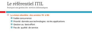 Le référentiel ITIL
Pourquoi une gestion des services informatiques
 La vision obsolète des années 70 à 90:
 Faible concurrence
 Priorité donnée aux technologies via les applications
 Gestion au best-effort
 Pas de qualité de service
 