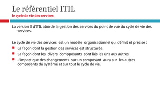 Le référentiel ITIL
le cycle de vie des services
La version 3 d’ITIL aborde la gestion des services du point de vue du cycle de vie des
services.
Le cycle de vie des services est un modèle organisationnel qui définit et précise :
 La façon dont la gestion des services est structurée
 La façon dont les divers compposants sont liés les uns aux autres
 L'impact que des changements sur un composant aura sur les autres
composants du système et sur tout le cycle de vie.
 